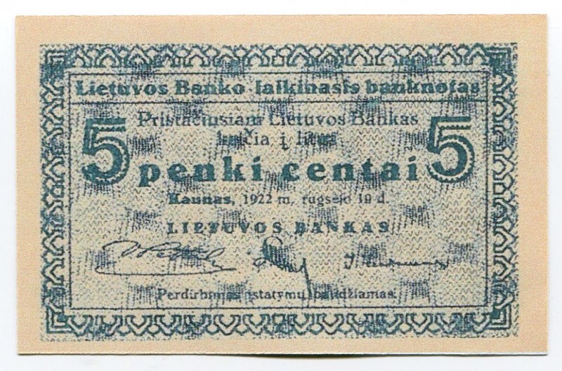 Lithuania 5 Centai 1922
P# 2; UNC-