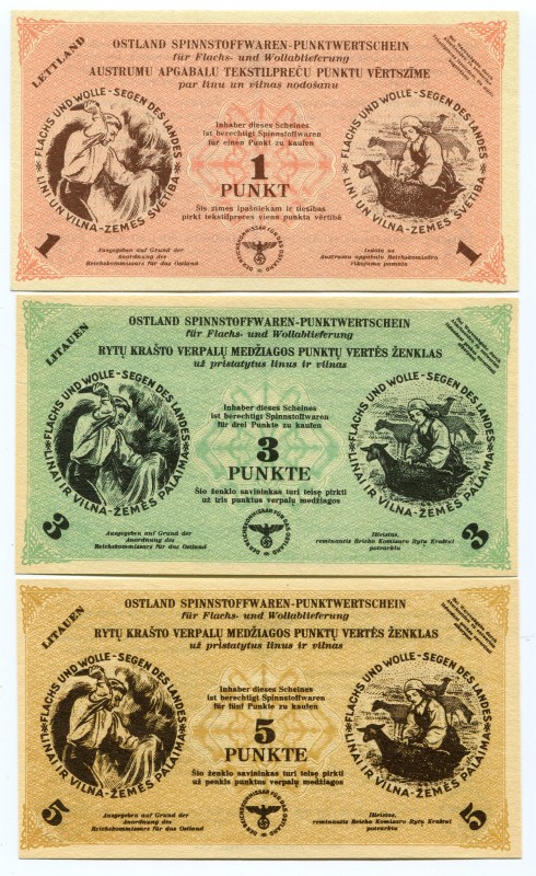 Lithuania & Latvia 1-3-5 Punkt 1943 German Occupation
3 pcs lot. AUNC.