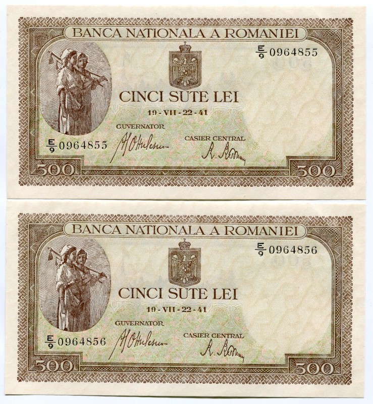 Romania Lot of 2 Consecutive Banknotes 500 Lei 1941
P# 51a; #E9 0964855-6; UNC