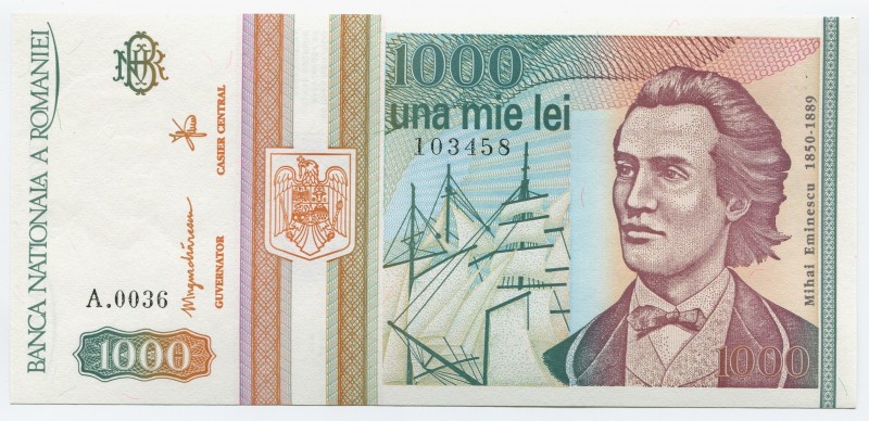 Romania 1000 Lei 1991
P# 101Aa; № A.0036 103458; UNC; "Mihai Eminescu"