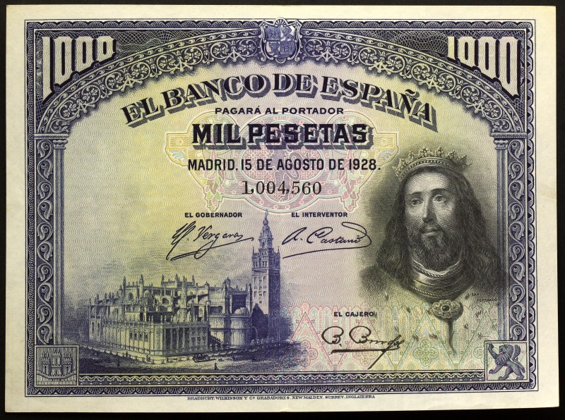 Spain 1000 Pesetas 1928 RARE
P# 78; № 1,004,560; aUNC; RARE!