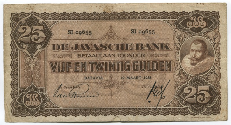 Netherlands Indies 25 Guldens 1928
P# 71a; This Banknote is Placed in the Websi...