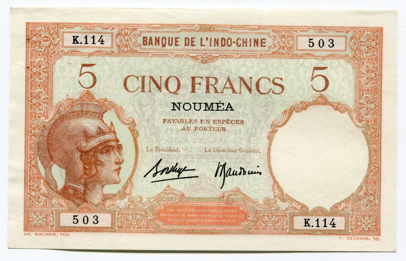 New Caledonia 5 Francs 1926 (ND)
P# 36b; XF-AUNC