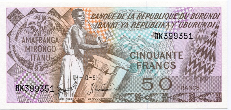 Burundi 50 Francs 1991
P# 28b; UNC