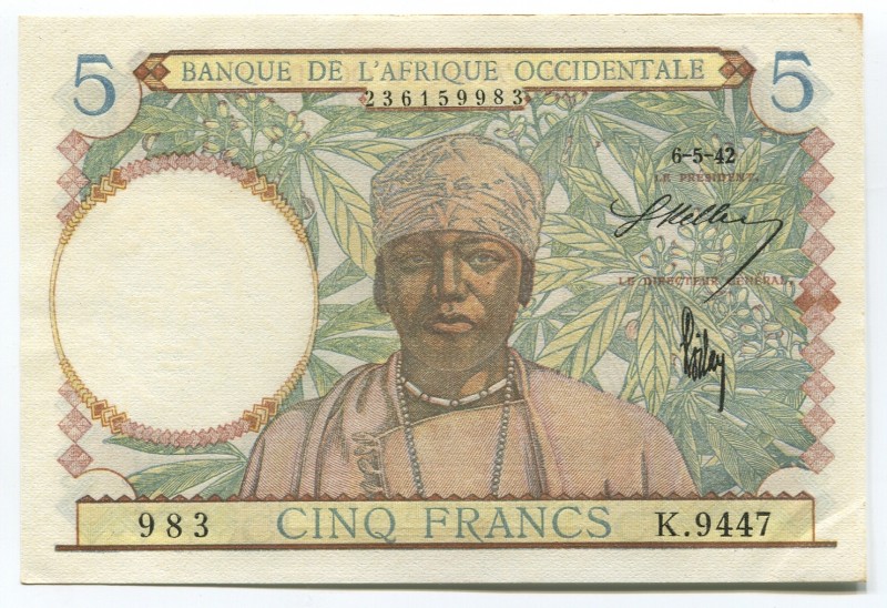 French West Africa 5 Francs 1942
P# 25; UNC-