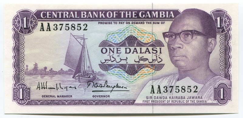 Gambia 1 Dalasi 1987
P# 9; № AA 375852; UNC; "D. Kalraba Jawara"