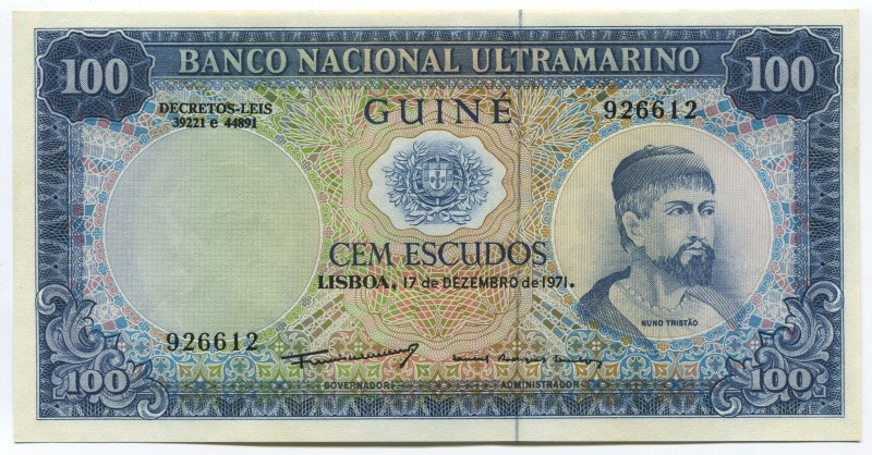 Portuguese Guinea 100 Escudos 1971
P# 45a; UNC; "Nuno Tristão"
