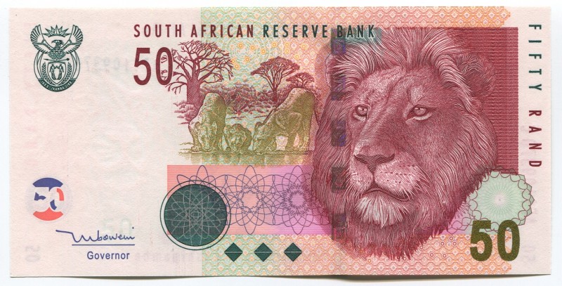 South Africa 50 Rand 2005
P# 130a; № AF 1109370; UNC; Sign. T. Mboweni; "Lion"...