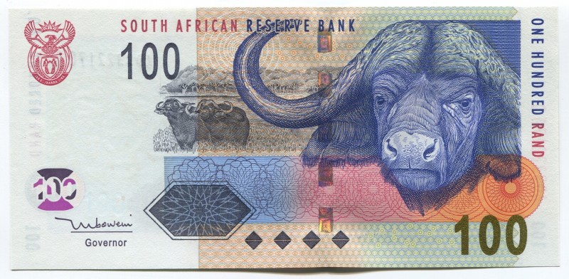 South Africa 100 Rand 2005
P# 131a; № AD 3322170 D; UNC; Sign. T. Mboweni; "Baf...