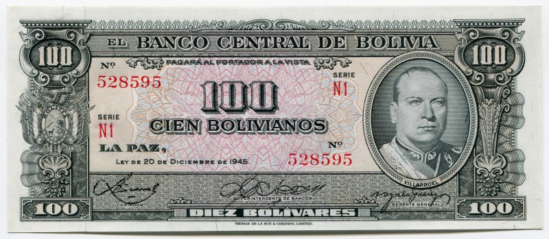 Bolivia 100 Bolivianos 1945
P# 147; UNC