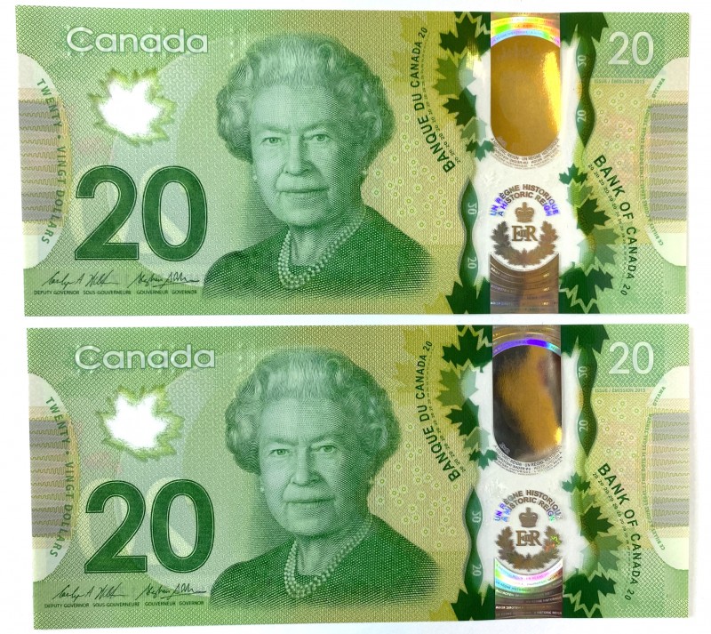 Canada Lot of 2 Consecutive Bankotes 20 Dollars 2015
P# 111; # FWV7326178-9; Po...