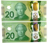 Canada Lot of 2 Consecutive Bankotes 20 Dollars 2015
P# 111; # FWV7326178-9; Polymer; UNC