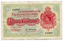 Falkland Islands 5 Pounds 1960 Rare Banknote/ Very Crispy
P# 9a; GVF