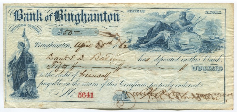 United States New York Bank of Binghamton 50 Dollars 1862 RARE
VF