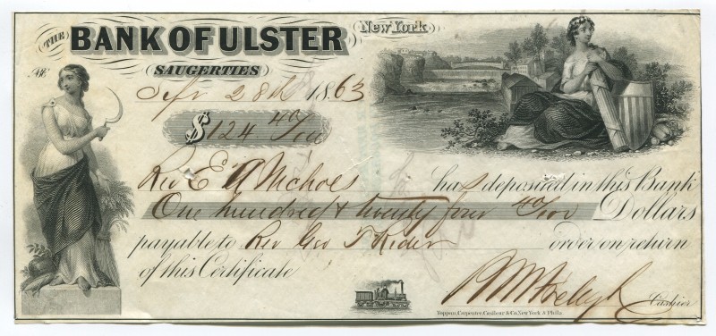 United States New York Bank of Ulster 124.40 Dollars 1863 RARE
VF-XF