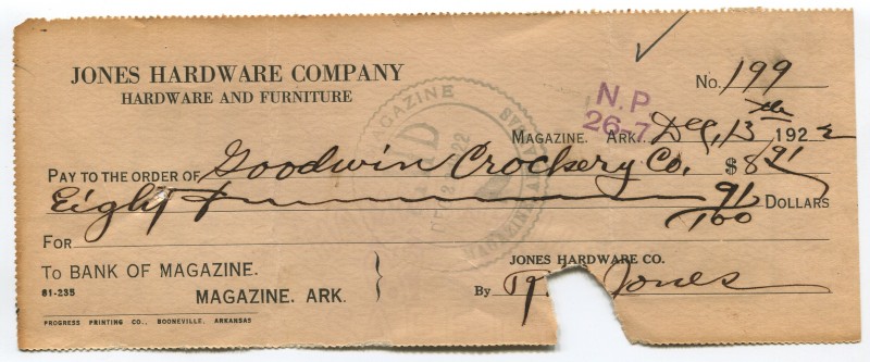 United States Arkansas Jones Hardware Company 8.91 Dollars 1922
G