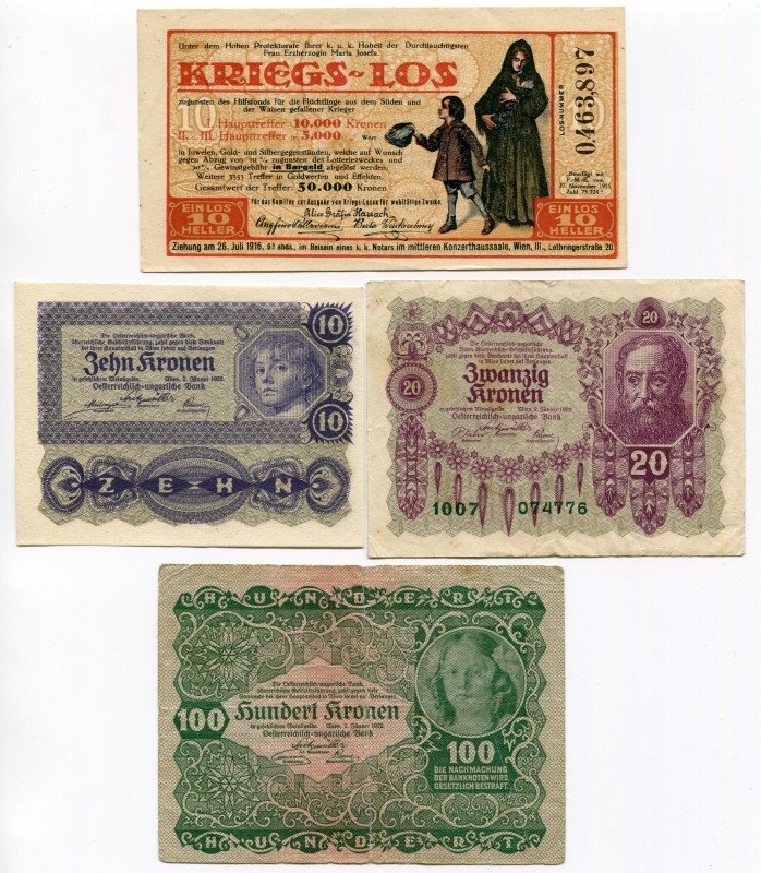 Austria-Hungary Lot of 4 Notes
Various Denominations & Dates