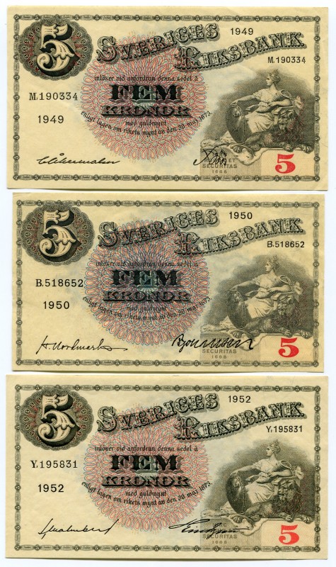 Sweden Lot of 9 Banknotes 5 Kronor 1949 - 1952
P# 33; Nice Conditions!