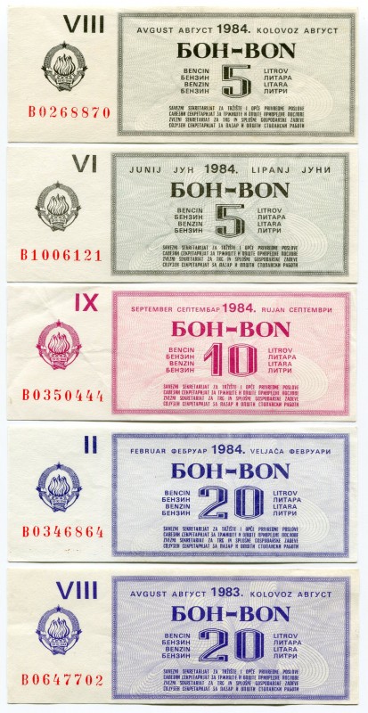 Yugoslavia Lot of 5 Petrol Coupons 1983 - 1984
(x2) 5 10 (x2) 20 Liters 1983 - ...