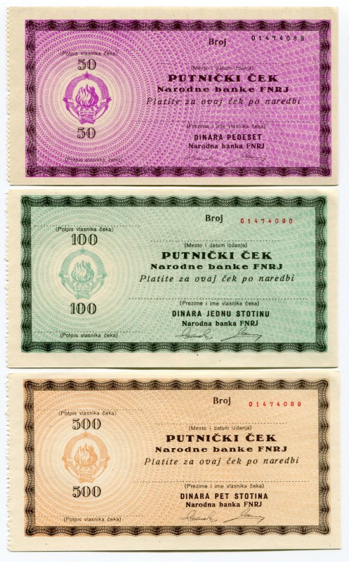 Yugoslavia Lot of 3 Unfilled Travellers Cheques
50 100 500 Dinara (ND)