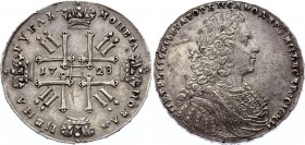 Russia 1 Rouble 1728
Bit# 53; 1728 Type, wtih Star on bosom; 2,5 Roubles by Petrov; 5 Roubles by Ilyin; Silver, XF.
