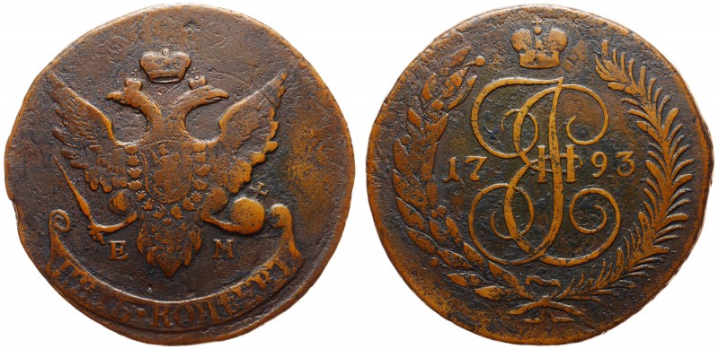 Russia 5 Kopeks 1793 EM Paul's Overstruck
Bit# P101; Copper 51.03g 46х45mm; Old...