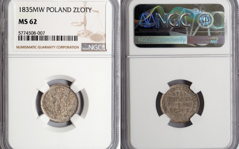 Russia - Poland 15 Kopeks / 1 Zloty 1835 MW NGC MS62
Bit# 1165; Silver, UNC. Ra...