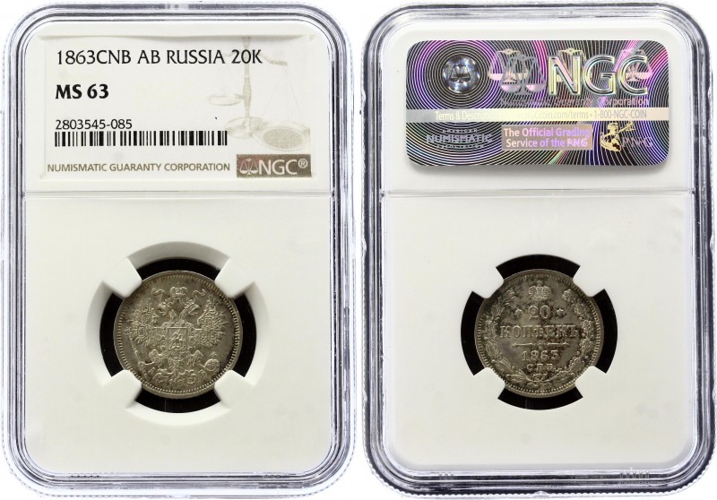 Russia 20 Kopeks 1863 СПБ АБ NGC MS63
Bit# 176; Conros# 146/27; Silver