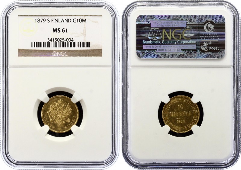 Russia - Finland 10 Markkaa 1879 S NGC MS61
Bit# 615; Gold (.900) 3.23g, UNC.