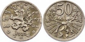 Czechoslovakia 50 Haleru 1925
KM# 2; Copper-Nickel, 22 mm. Obv: Czech lion with Slovak shield, date below Rev: Linden branches and wheat sprigs bound...