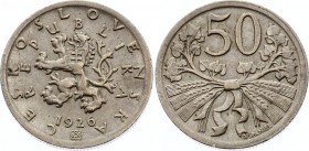 Czechoslovakia 50 Haleru 1926
KM# 2; Copper-Nickel, 22 mm. Obv: Czech lion with Slovak shield, date below Rev: Linden branches and wheat sprigs bound...