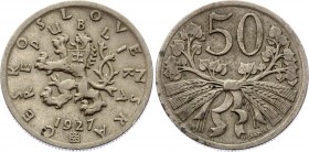 Czechoslovakia 50 Haleru 1927
KM# 2; Copper-Nickel, 22 mm. Obv: Czech lion with Slovak shield, date below Rev: Linden branches and wheat sprigs bound...