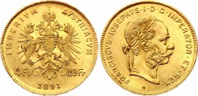 Austria 4 Florin 10 Francs 1891
KM# 2260; Gold (900); Franz Joseph I; XF-AUNC