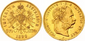 Austria 8 Florins 20 Francs 1890
KM# 2269; Gold (900); Franz Joseph I; XF