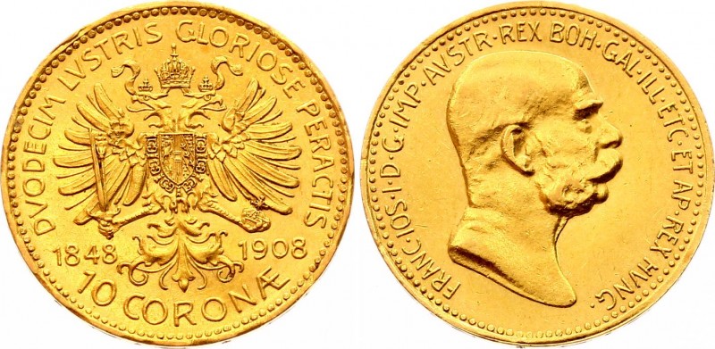 Austria 10 Corona 1908 / 1848
KM# 2810; 60th Anniversary of the Reign of Franz ...