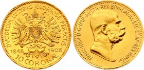 Austria 10 Corona 1908 / 1848
KM# 2810; 60th Anniversary of the Reign of Franz Joseph I. Gold (.900) 3.39g. Mintage 654,022. AUNC.