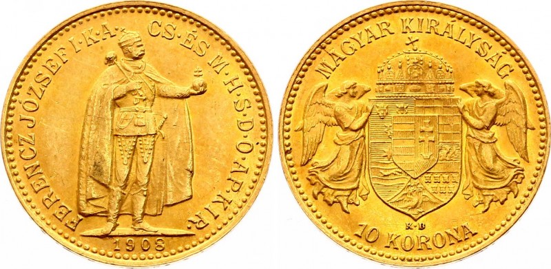 Hungary 10 Korona 1908 KB
KM# 485; Franz Joseph I; Gold (.900), 3.39 g. Mintage...