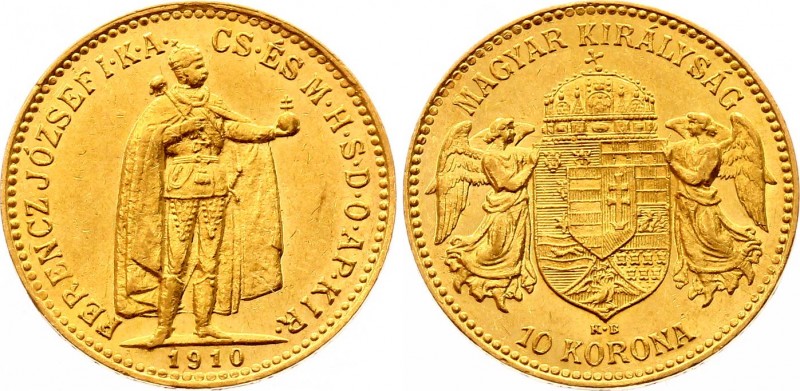 Hungary 10 Korona 1910 KB
KM# 485; Franz Joseph I; Gold (.900), 3.39 g. Mintage...