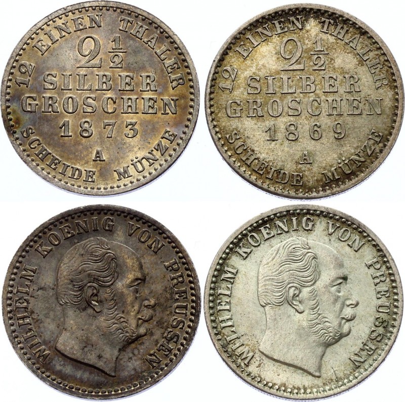 German States Prussia 2 1/2 Silber Groschen 1869 A & 1873 A
KM# 486. J# 90; Sil...