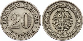 Germany - Empire 20 Pfennig 1888 F
KM# 9.1, J# 6; AUNC, not common.