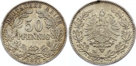 Germany - Empire 50 Pfennig 1877 J
KM# 8; Silver, AUNC. Rare in this grade.