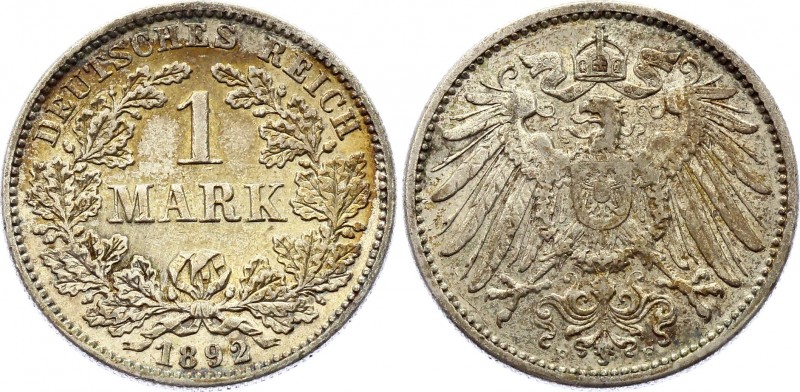 Germany - Empire 1 Mark 1892 F
KM# 14, J. 17; Mintage 301,914. Rare date. Silve...