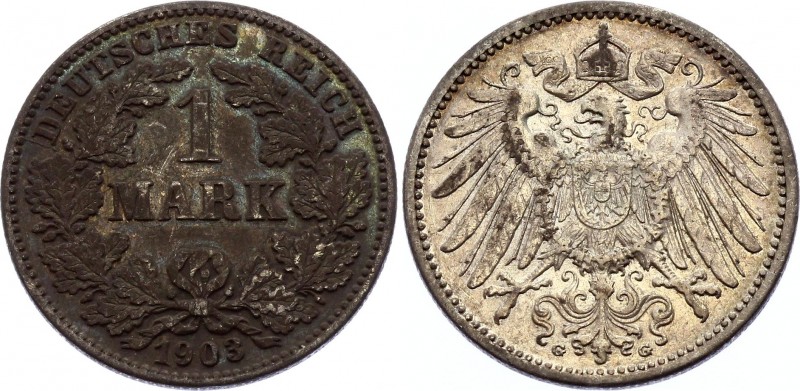 Germany - Empire 1 Mark 1903 G
KM# 14, J. 17; Mintage 613,985. Rare date. Silve...