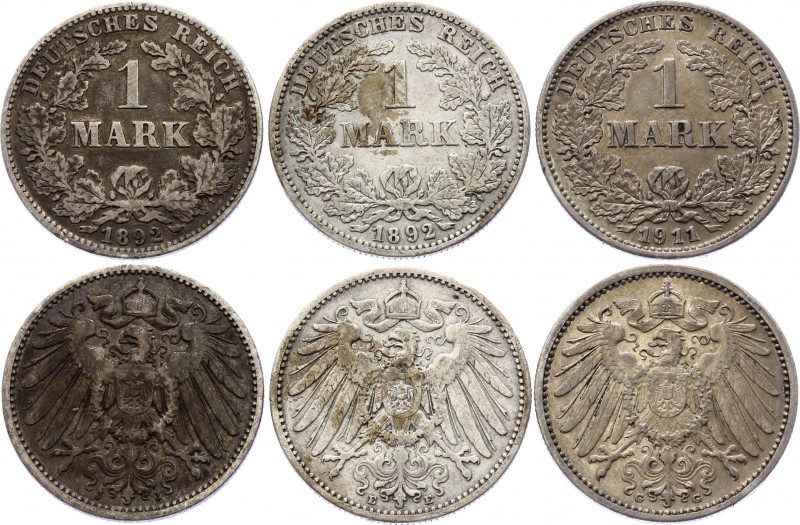 Germany - Empire 3 X 1 Mark 1892 E J & 1911 G
KM# 14, J. 17; Mintage of each is...