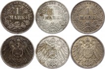 Germany - Empire 3 X 1 Mark 1892 E J & 1911 G
KM# 14, J. 17; Mintage of each is less than 300000. Rare dates. Silver, XF-AU. Nice patina.
