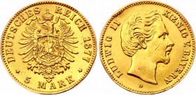 Germany - Empire Bavaria 5 Mark 1877 D
KM# 904; Gold (900); Ludwig II; VF-XF