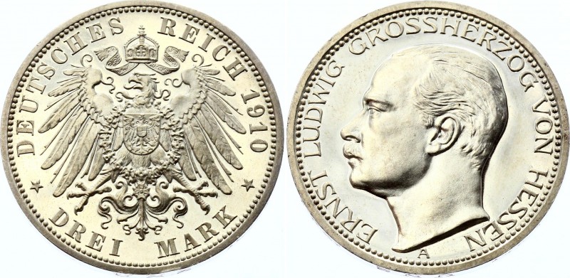 Germany - Empire Hessen 3 Mark 1910 A PROOF
KM# 375; J. 76; Silver, Ernst Ludwi...