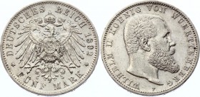 Germany - Empire Wurttemebrg 5 Mark 1892 F
KM# 636; Silver; Wilhelm II; XF