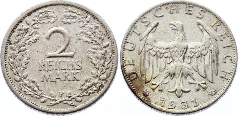 Germany - Weimar Republic 2 Reichsmark 1931 F
KM# 78; Key Date! Silver, XF-AU.