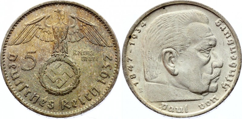 Germany - Third Reich 5 Reichsmark 1937 E
KM# 94; Paul von Hindenburg. SIlver, ...